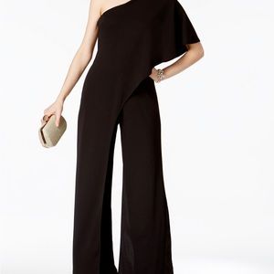 Adrianna Papell Black Dressy  jumpsuit with draped one-shoulder and wide legs